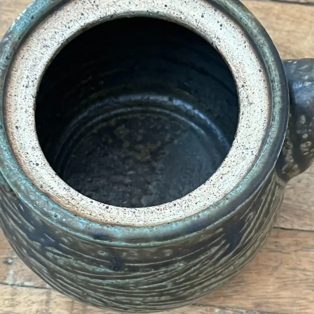 Handmade Stoneware Pottery Teapot Dark Green Textured Finish Artist Signed